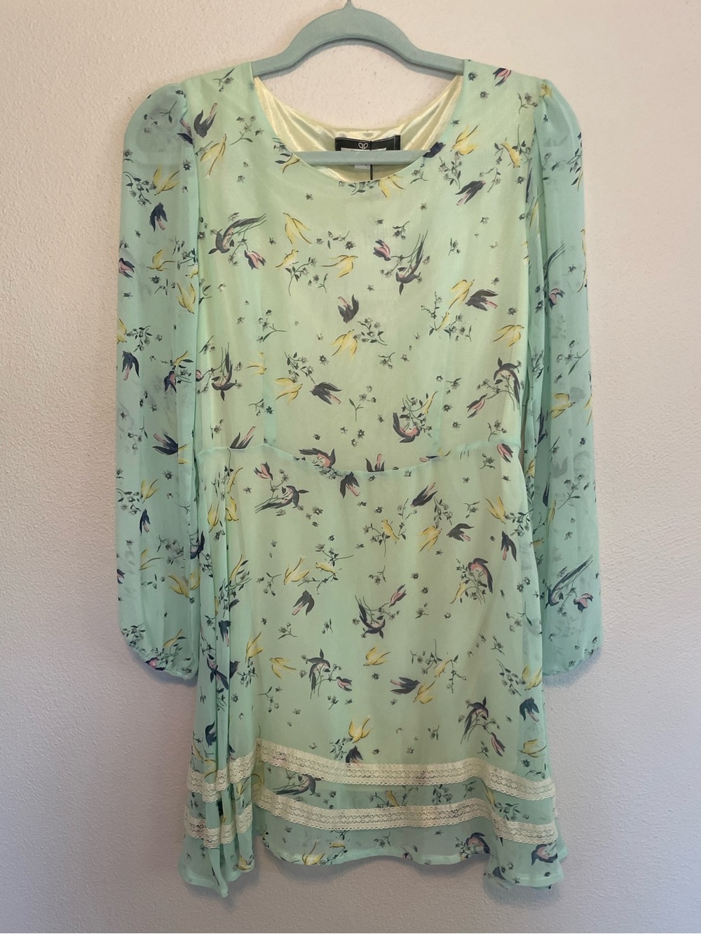 Paper Plane London Floral Bird Long Sleeve Swing Dress Medium